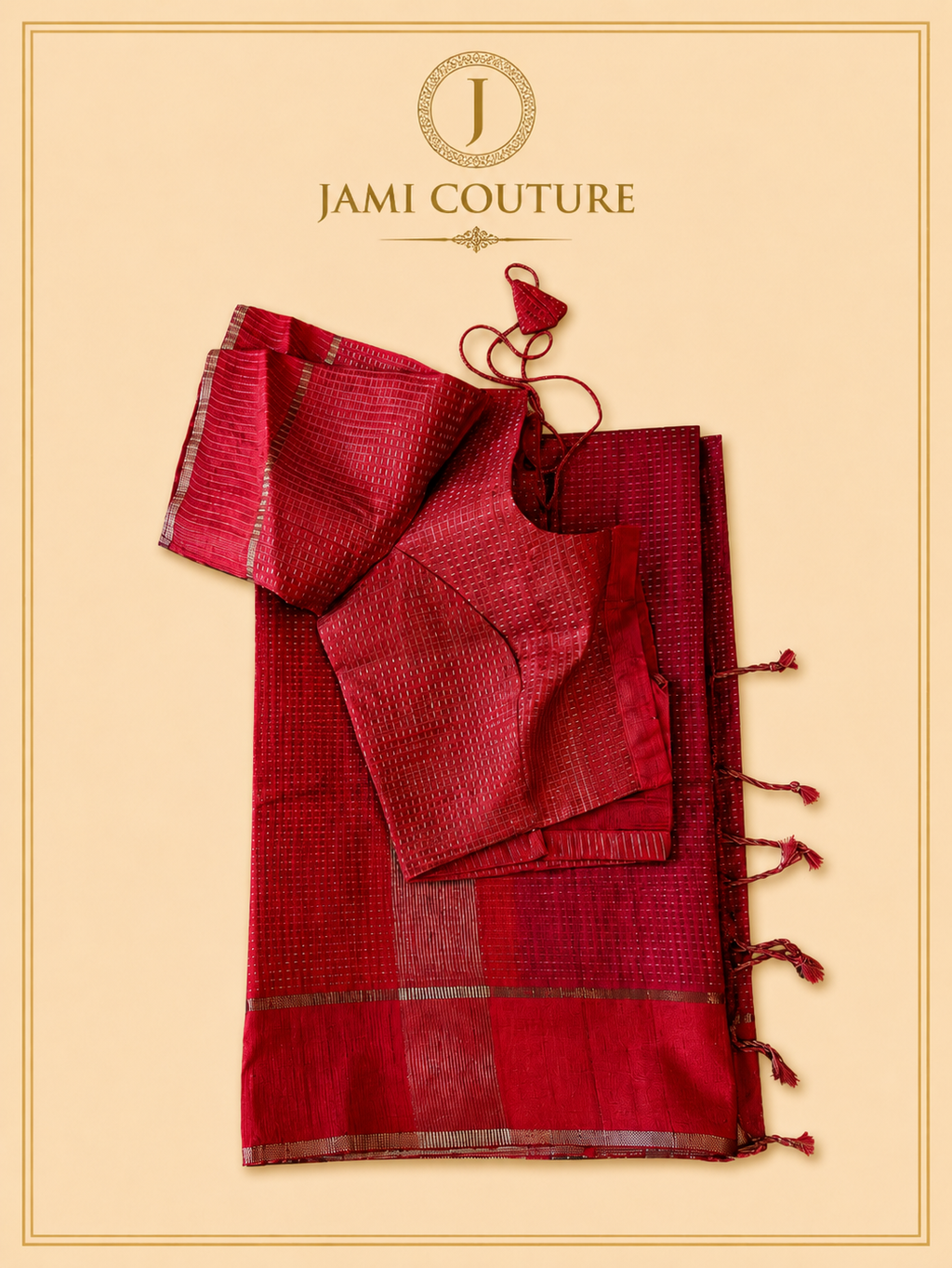 Crimson Red Handloom Silk Cotton Saree with Zari Check Weave | Matching Red Blouse