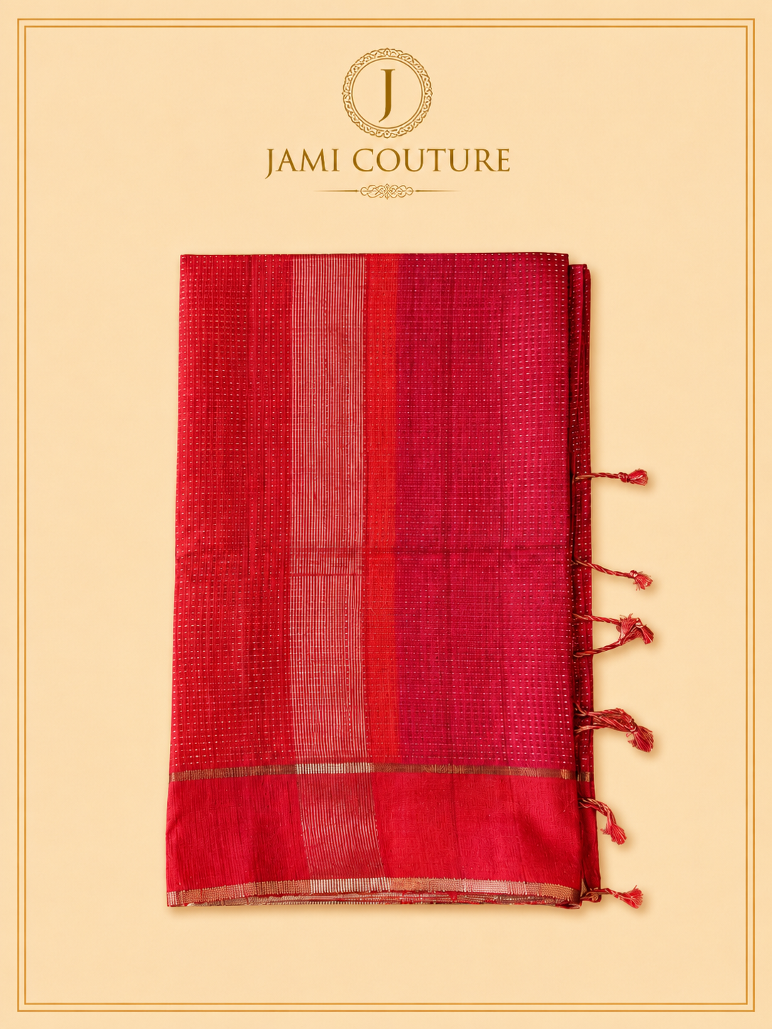 Crimson Red Handloom Silk Cotton Saree with Zari Check Weave | Matching Red Blouse