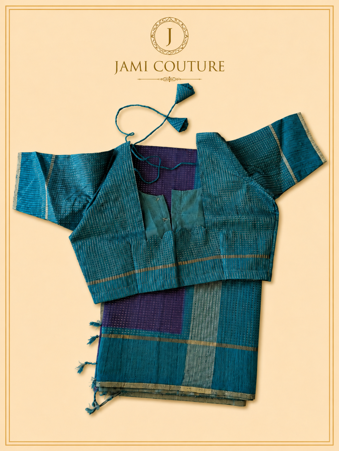 Royal Purple & Teal Handloom Silk Cotton Saree with Zari Check Weave | Matching Teal Blouse