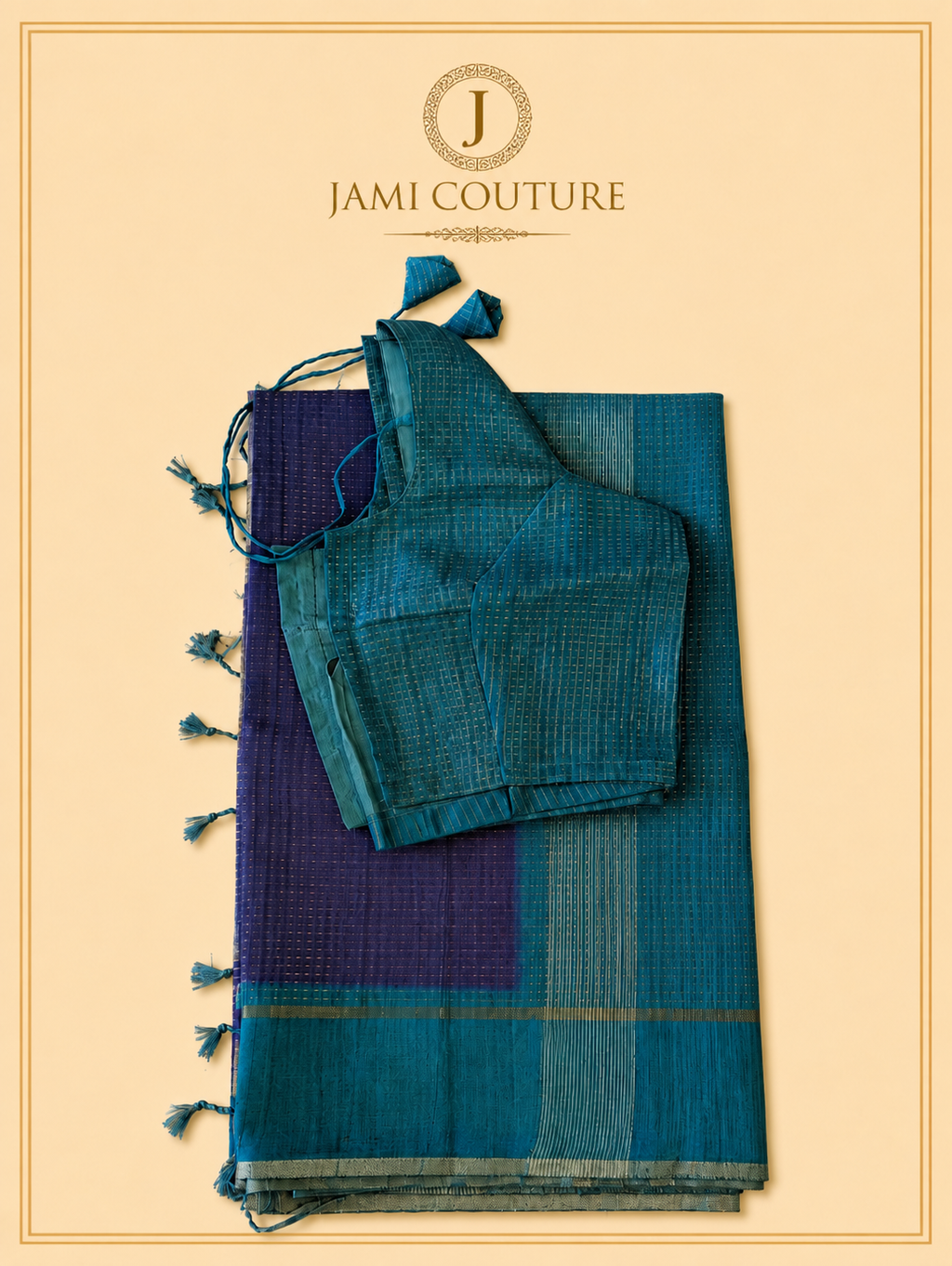 Royal Purple & Teal Handloom Silk Cotton Saree with Zari Check Weave | Matching Teal Blouse