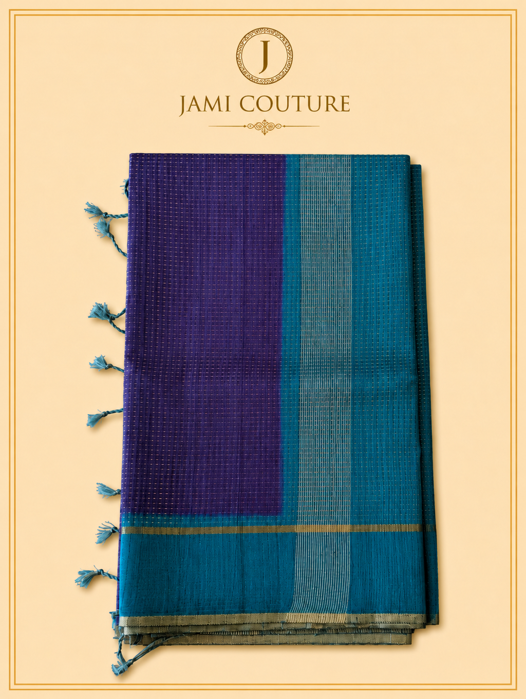 Royal Purple & Teal Handloom Silk Cotton Saree with Zari Check Weave | Matching Teal Blouse