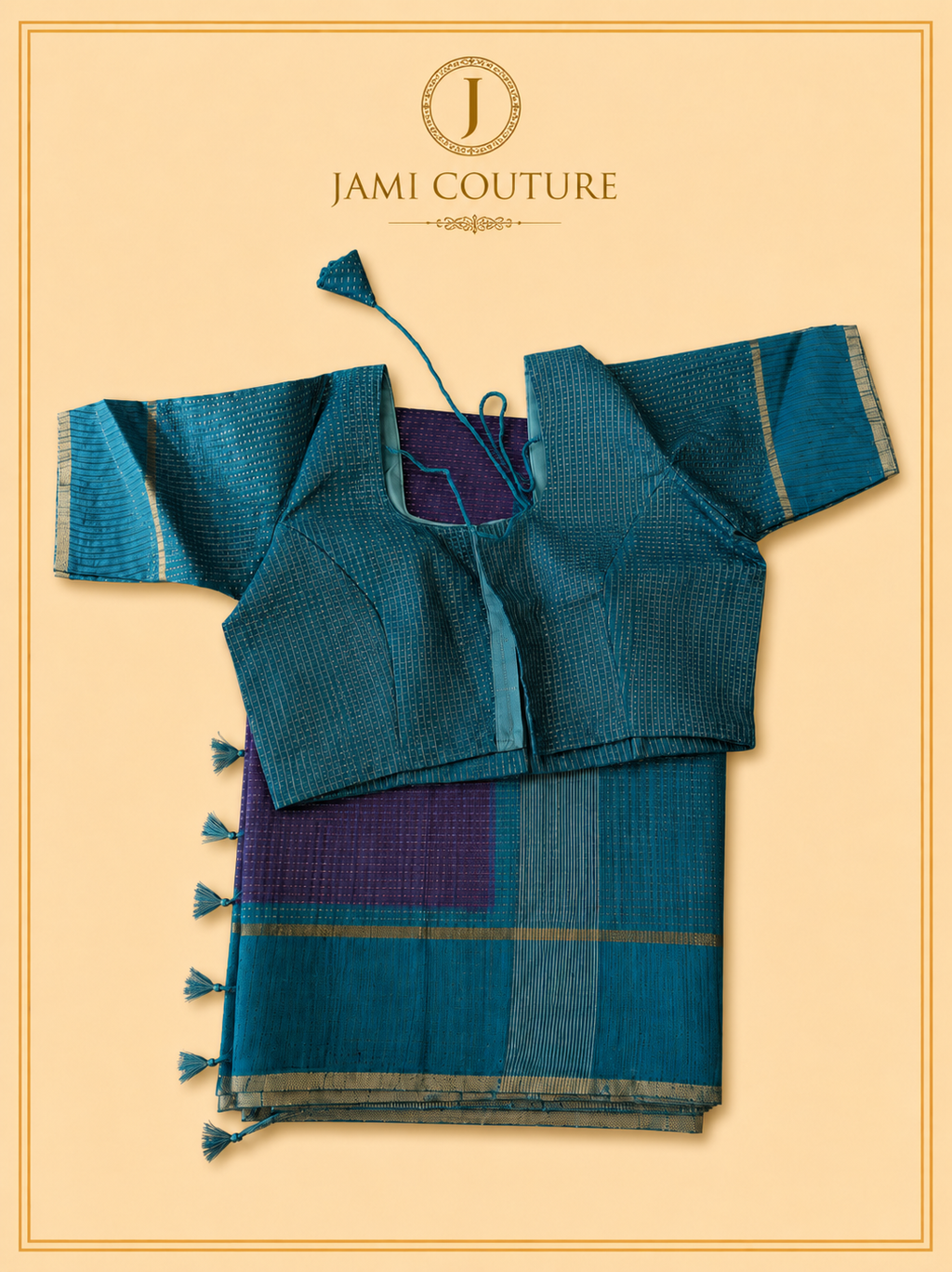 Royal Purple & Teal Handloom Silk Cotton Saree with Zari Check Weave | Matching Teal Blouse