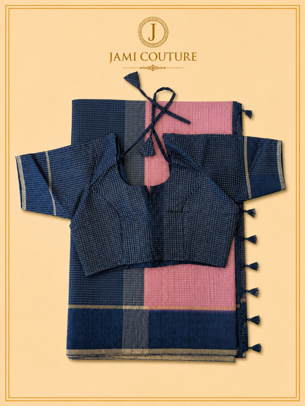 Blush Pink & Navy Handloom Silk Cotton Saree with Zari Check Weave | Matching Navy Blouse