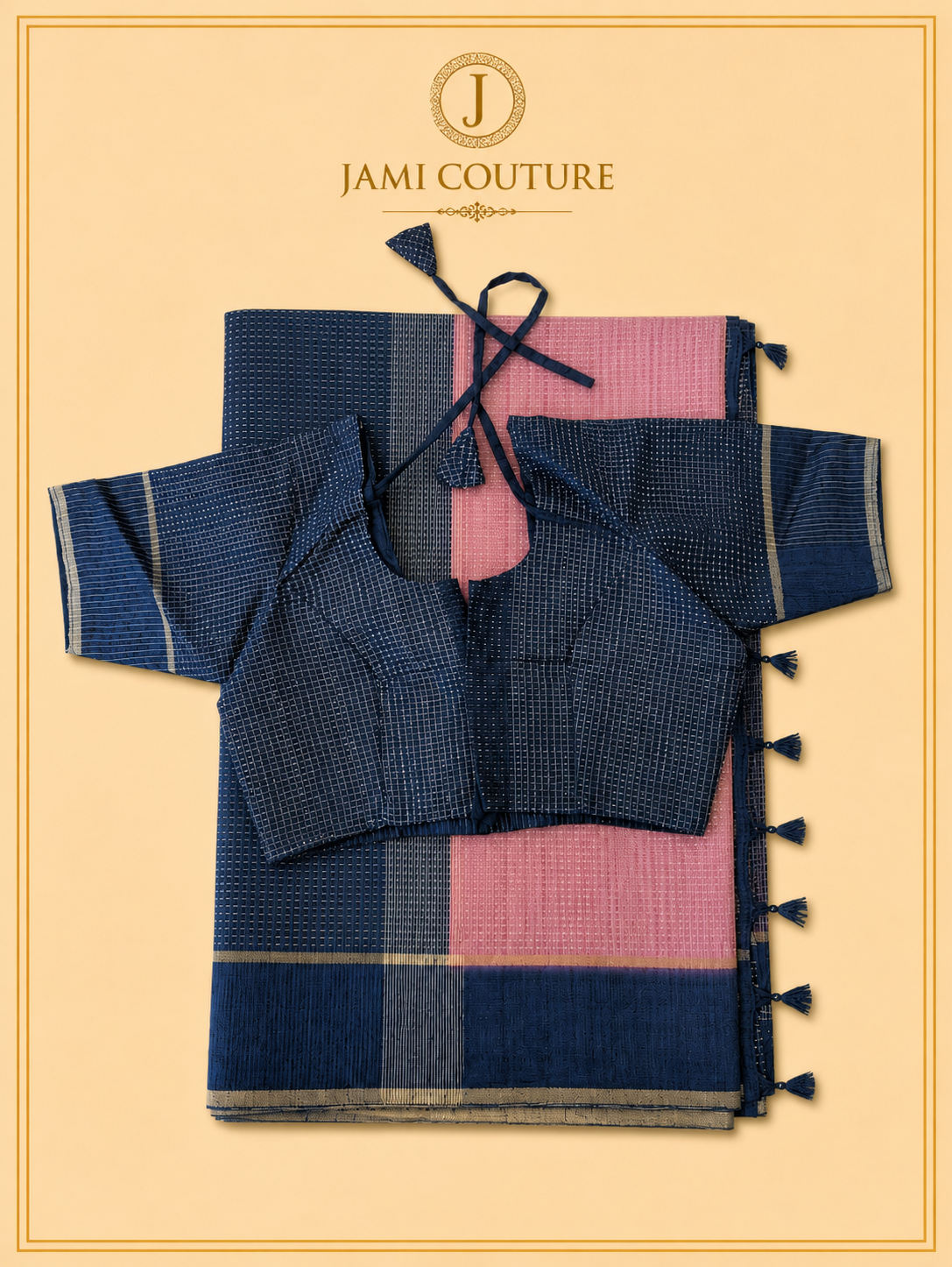 Blush Pink & Navy Handloom Silk Cotton Saree with Zari Check Weave | Matching Navy Blouse