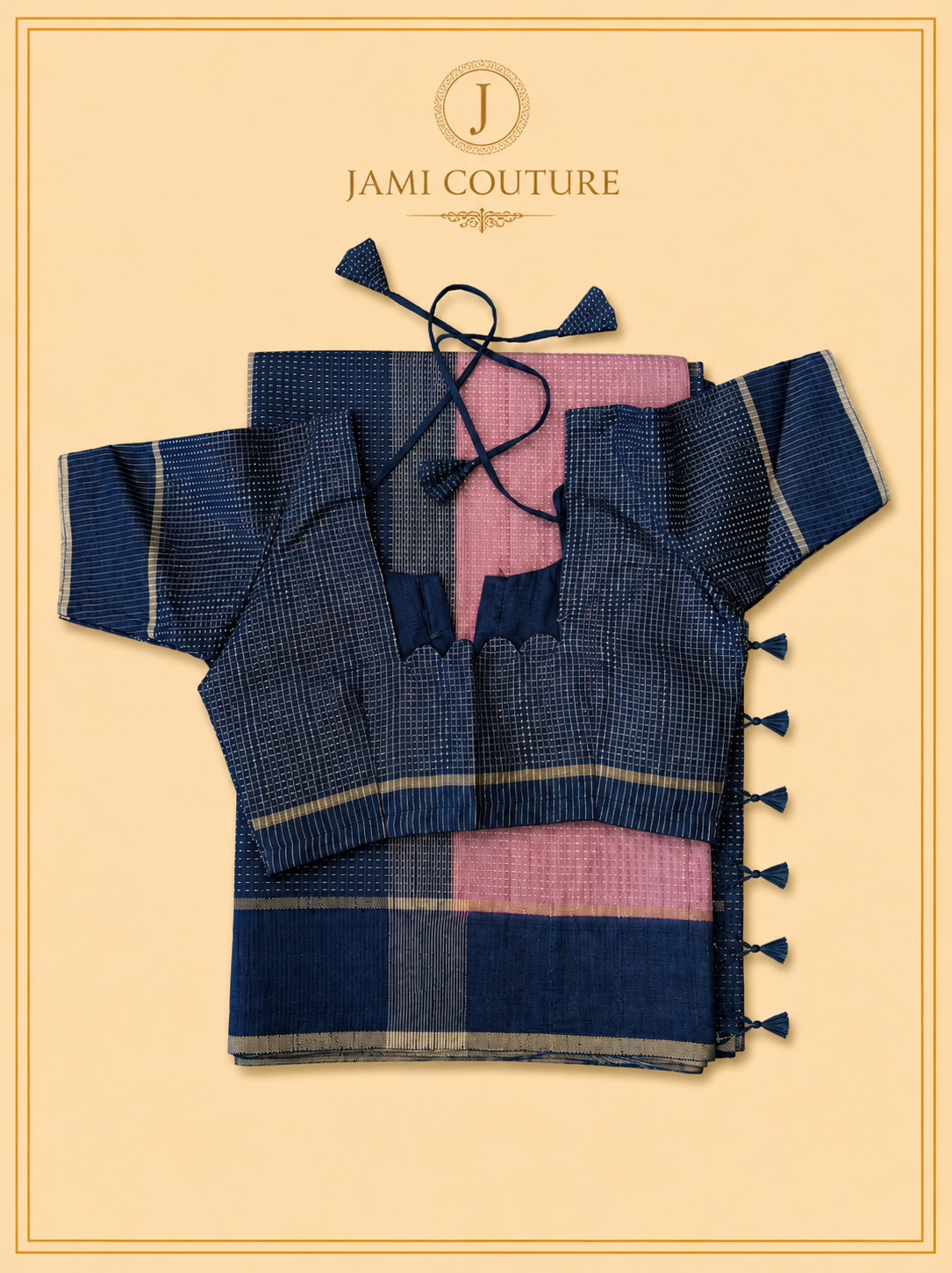 Blush Pink & Navy Handloom Silk Cotton Saree with Zari Check Weave | Matching Navy Blouse