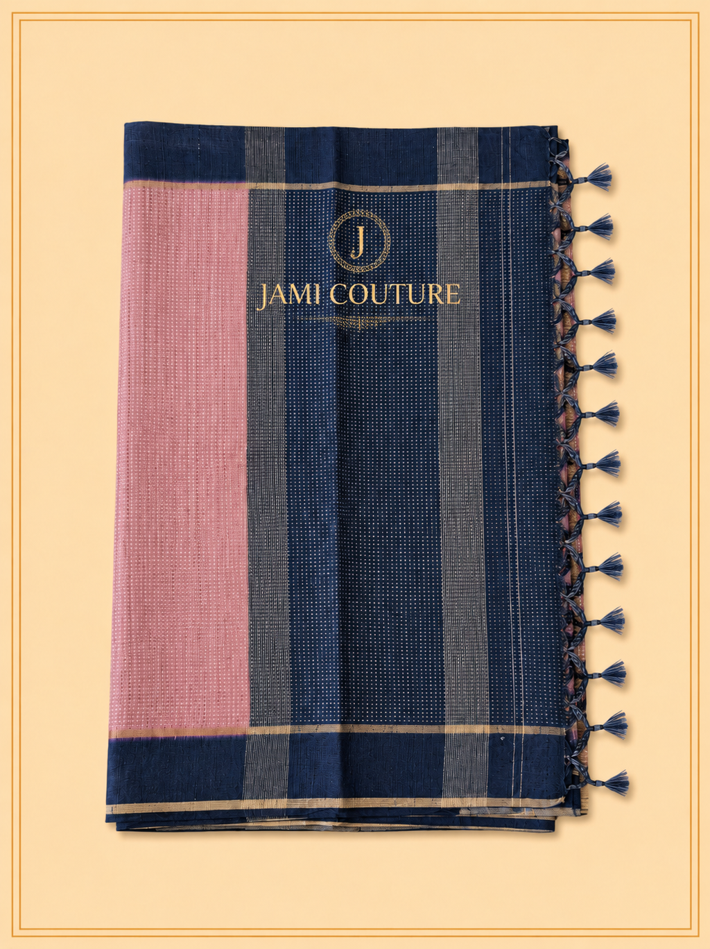 Blush Pink & Navy Handloom Silk Cotton Saree with Zari Check Weave | Matching Navy Blouse
