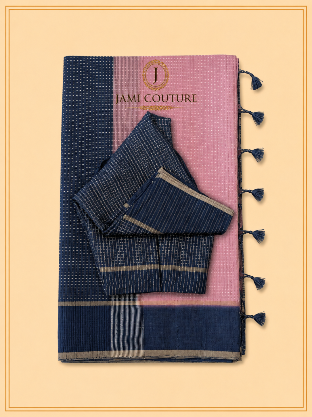 Blush Pink & Navy Handloom Silk Cotton Saree with Zari Check Weave | Matching Navy Blouse