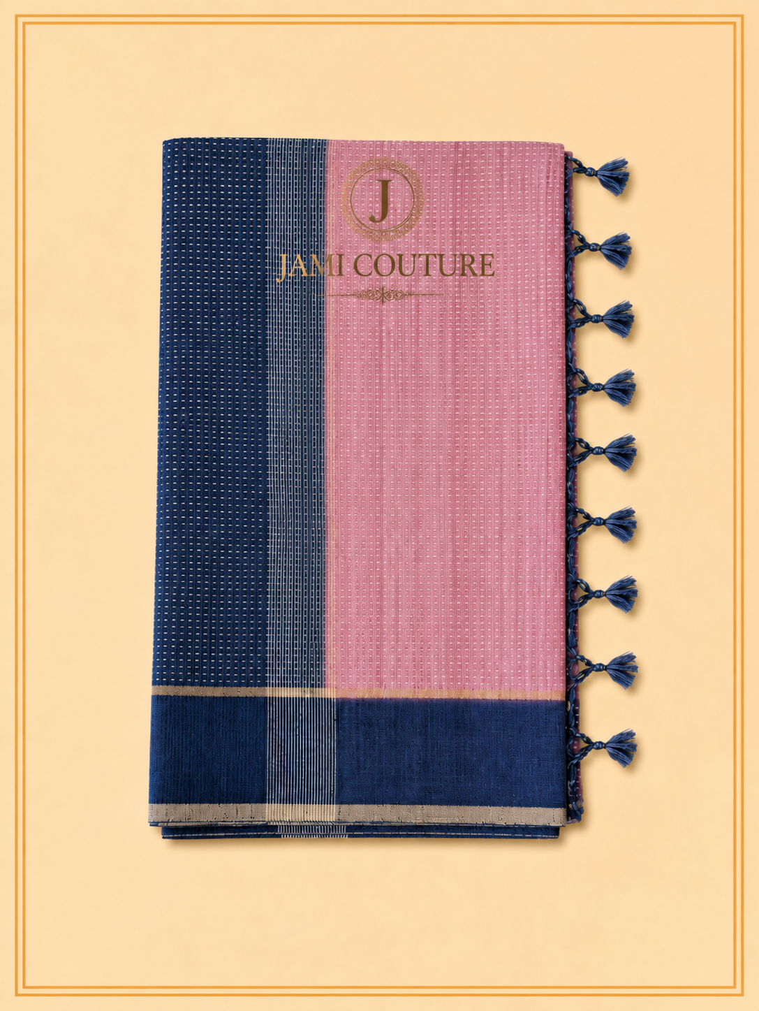 Blush Pink & Navy Handloom Silk Cotton Saree with Zari Check Weave | Matching Navy Blouse