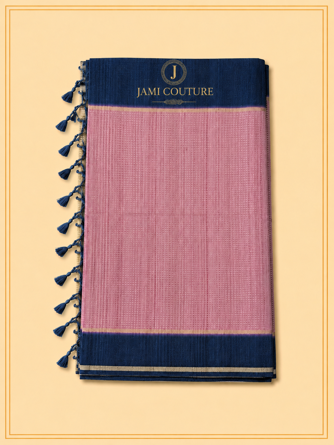 Blush Pink & Navy Handloom Silk Cotton Saree with Zari Check Weave | Matching Navy Blouse