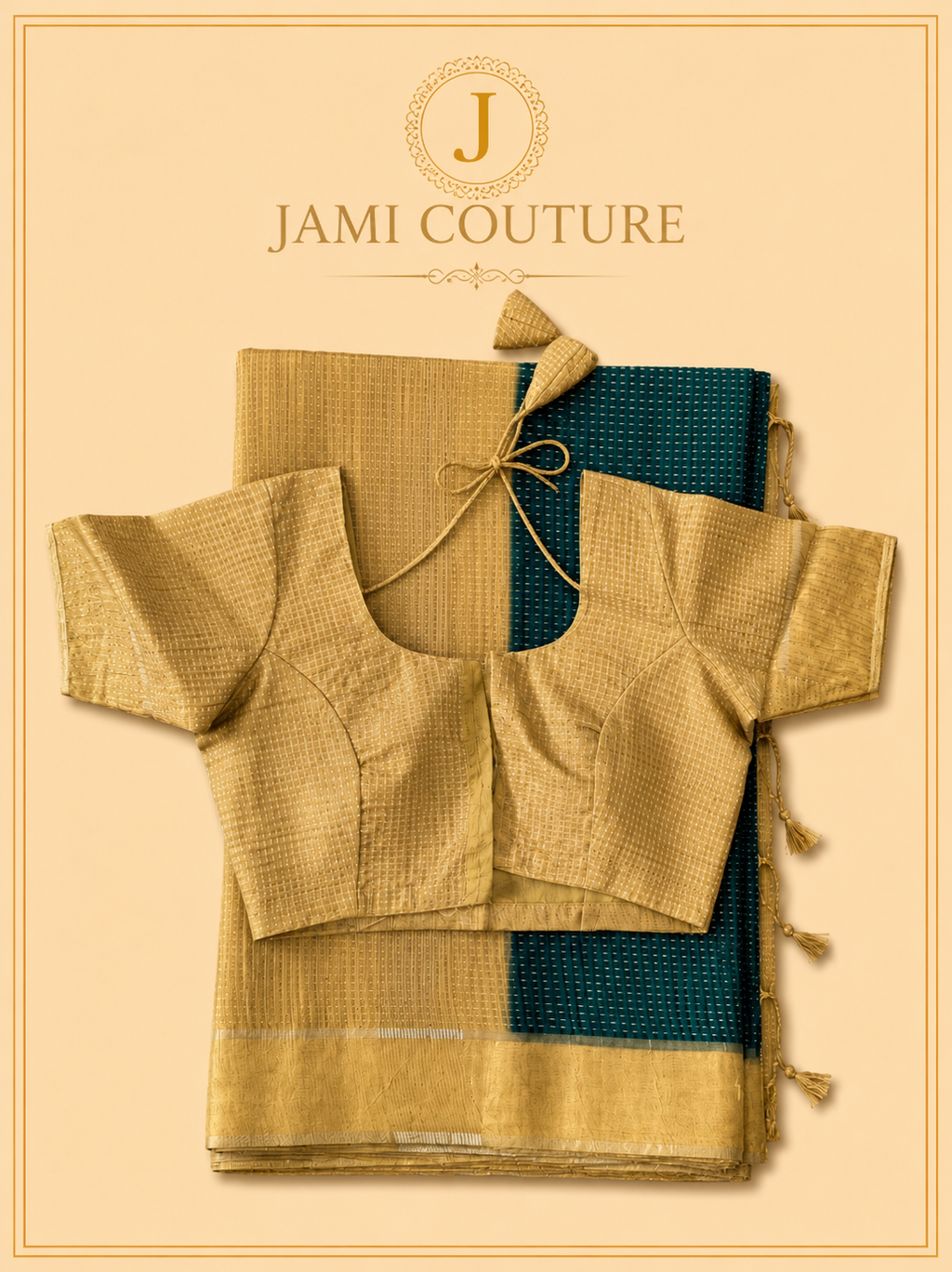 Golden Zari Handloom Silk Cotton Saree with Teal Contrast Pallu | Matching Zari Blouse