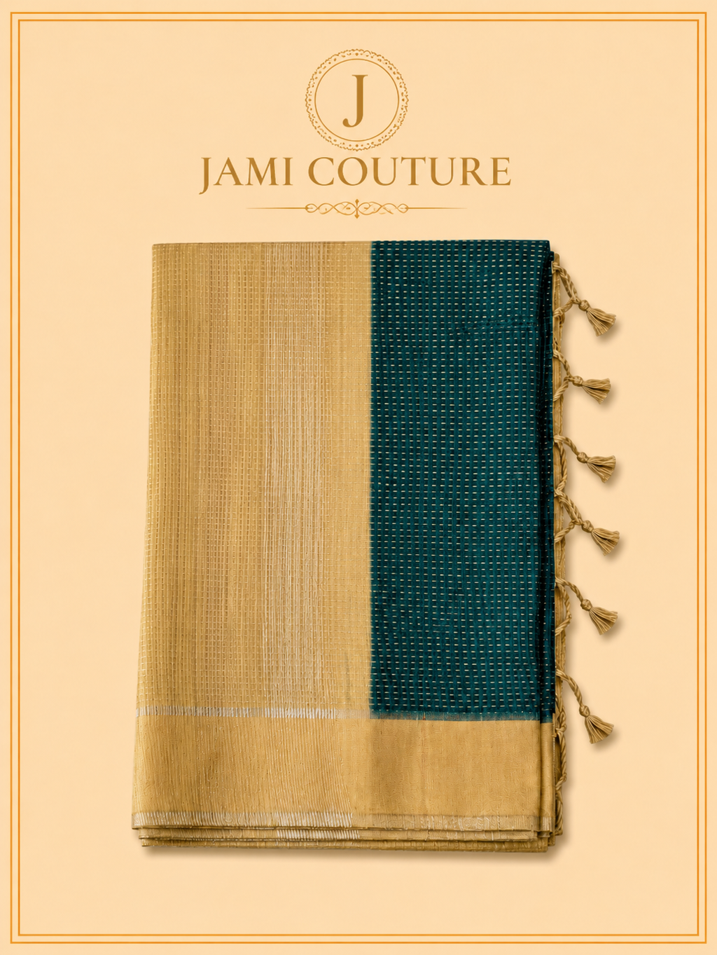 Golden Zari Handloom Silk Cotton Saree with Teal Contrast Pallu | Matching Zari Blouse