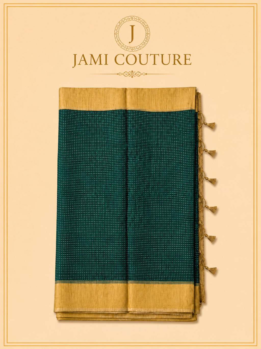 Golden Zari Handloom Silk Cotton Saree with Teal Contrast Pallu | Matching Zari Blouse