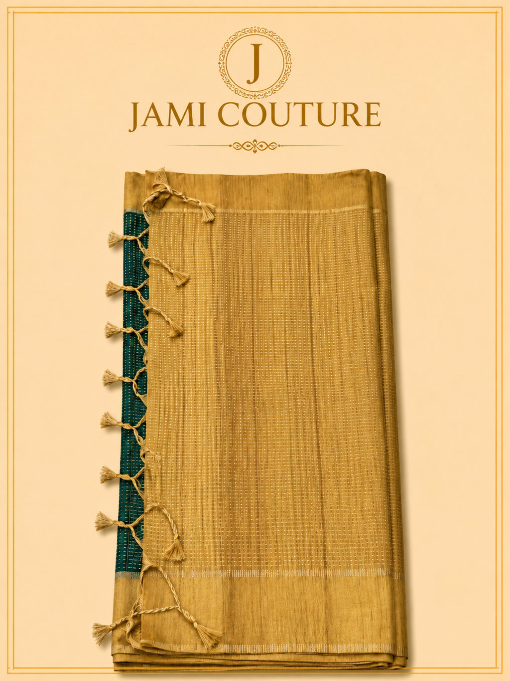 Golden Zari Handloom Silk Cotton Saree with Teal Contrast Pallu | Matching Zari Blouse
