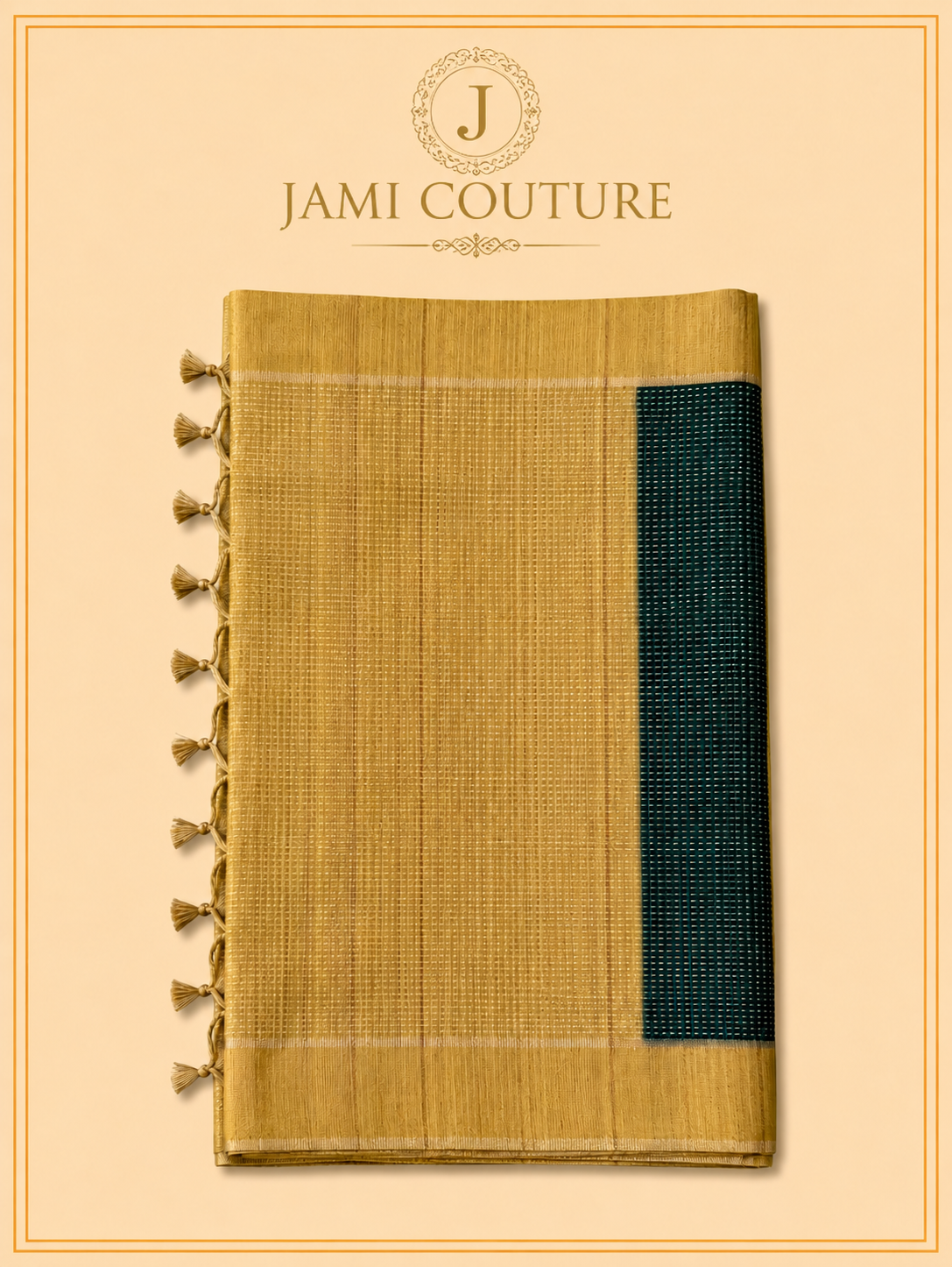 Golden Zari Handloom Silk Cotton Saree with Teal Contrast Pallu | Matching Zari Blouse