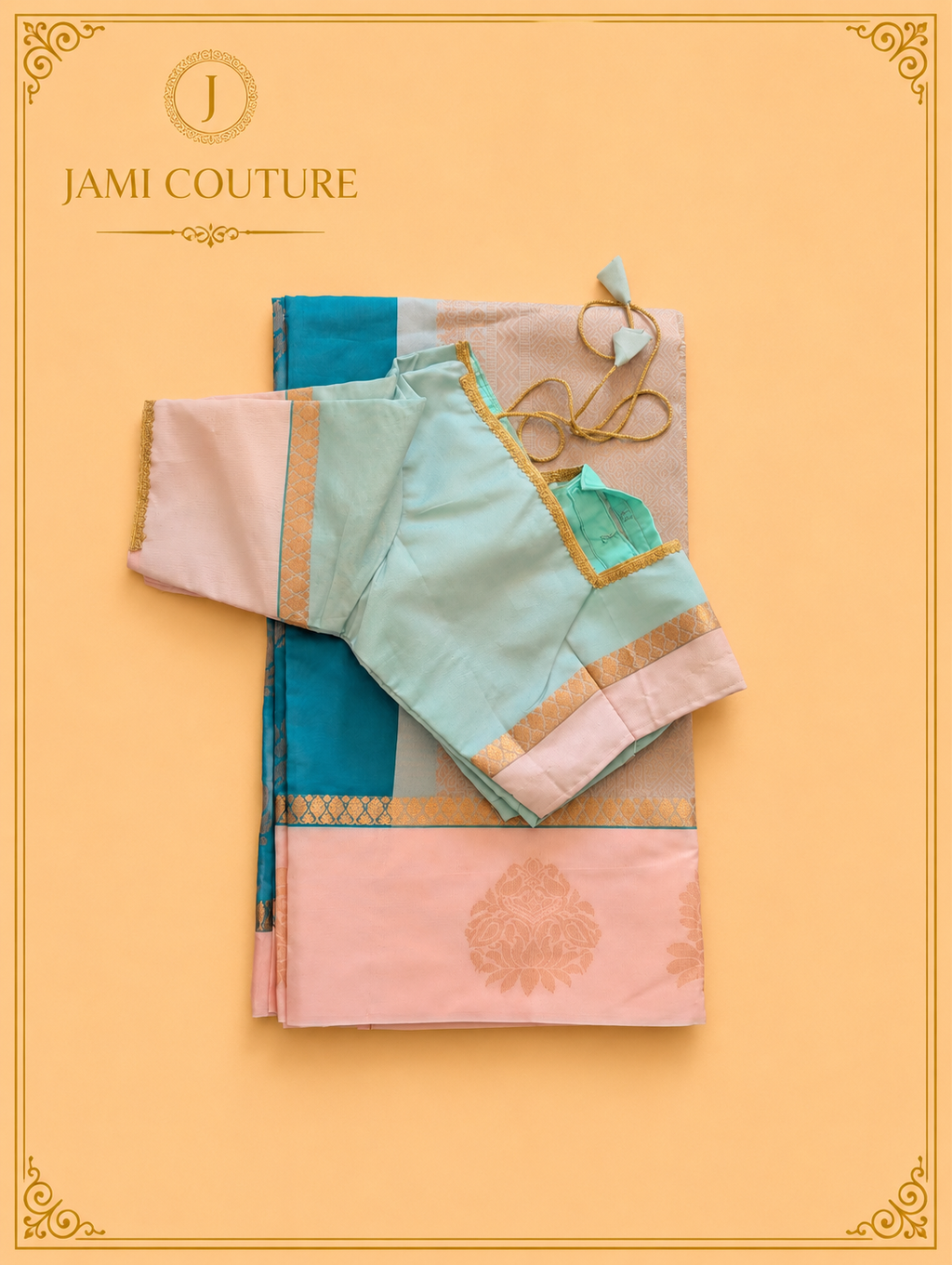 Teal Premium Silk Cotton Saree with Woven Motif Buttas | Peach Zari Border | Contrast Mint Blouse