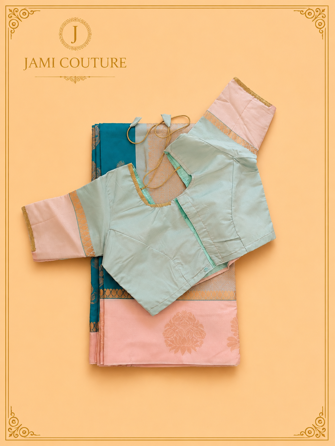 Teal Premium Silk Cotton Saree with Woven Motif Buttas | Peach Zari Border | Contrast Mint Blouse