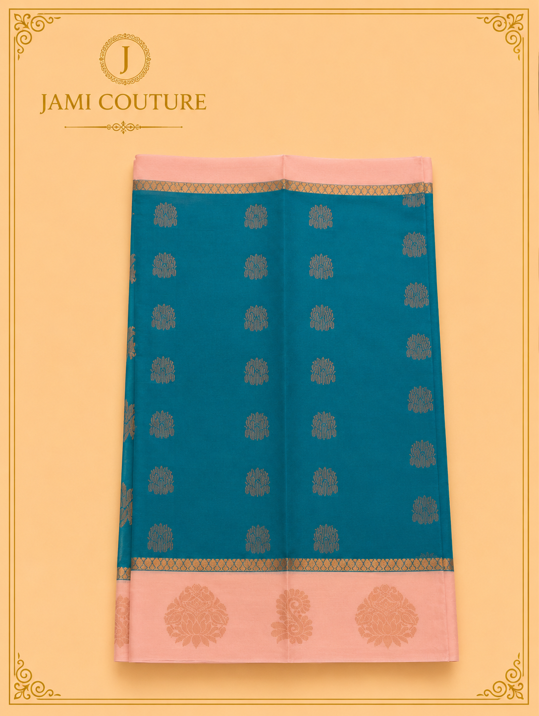 Teal Premium Silk Cotton Saree with Woven Motif Buttas | Peach Zari Border | Contrast Mint Blouse