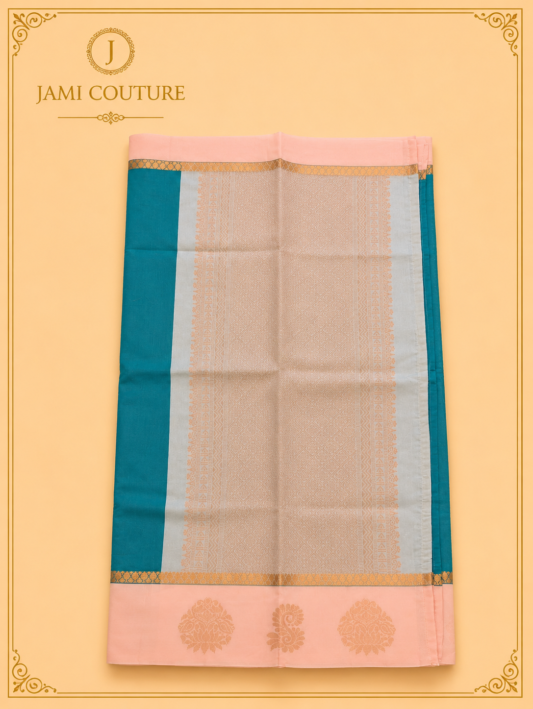 Teal Premium Silk Cotton Saree with Woven Motif Buttas | Peach Zari Border | Contrast Mint Blouse