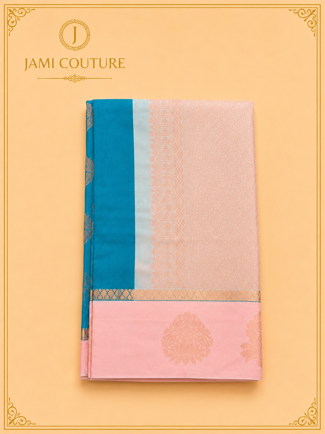 Teal Premium Silk Cotton Saree with Woven Motif Buttas | Peach Zari Border | Contrast Mint Blouse