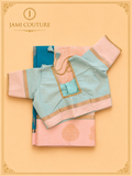 Teal Premium Silk Cotton Saree with Woven Motif Buttas | Peach Zari Border | Contrast Mint Blouse