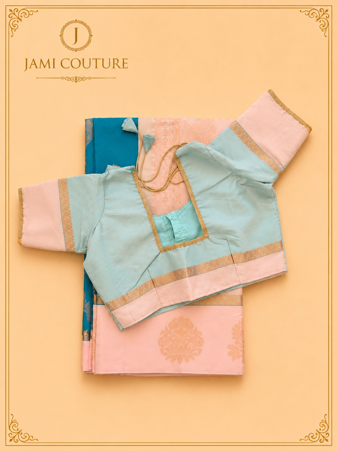 Teal Premium Silk Cotton Saree with Woven Motif Buttas | Peach Zari Border | Contrast Mint Blouse