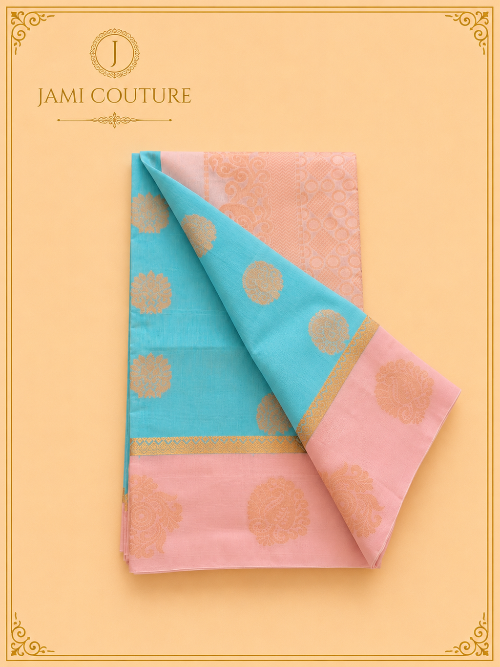 Sky Blue Premium Silk Cotton Saree with Woven Zari Buttis | Contrast Pink Blouse