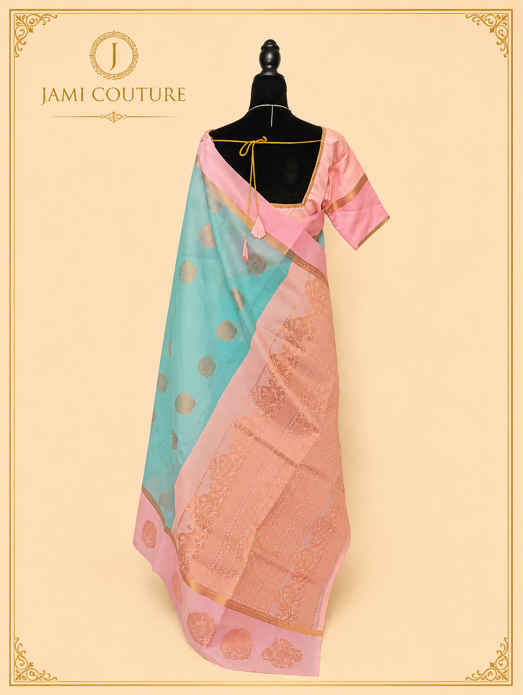 Sky Blue Premium Silk Cotton Saree with Woven Zari Buttis | Contrast Pink Blouse
