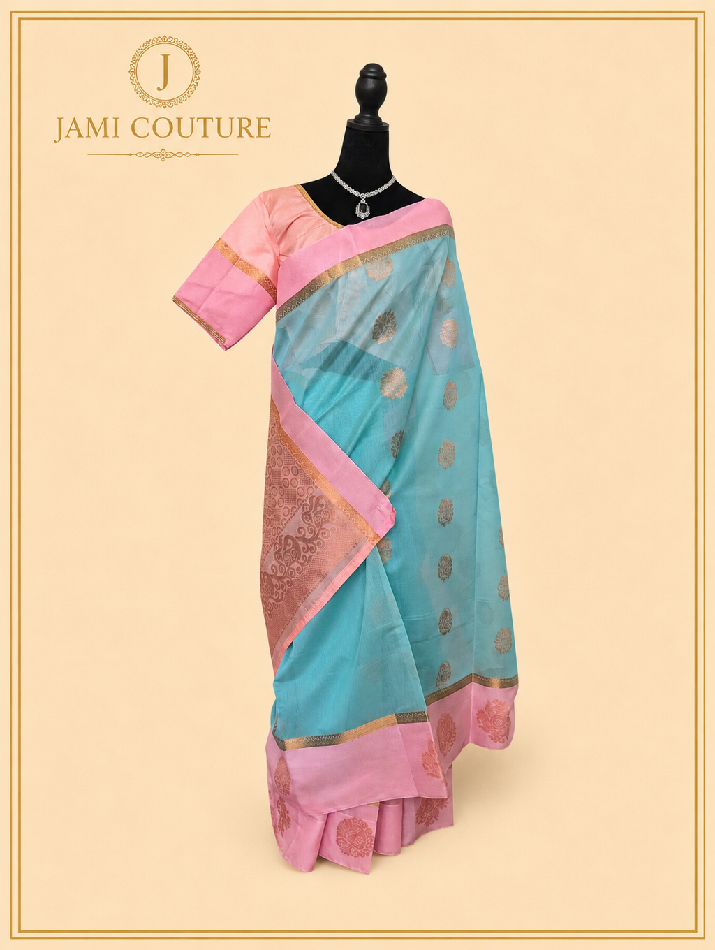 Sky Blue Premium Silk Cotton Saree with Woven Zari Buttis | Contrast Pink Blouse
