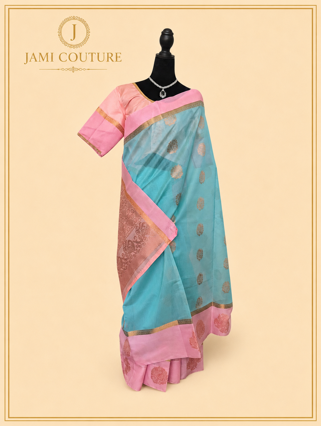 Sky Blue Premium Silk Cotton Saree with Woven Zari Buttis | Contrast Pink Blouse