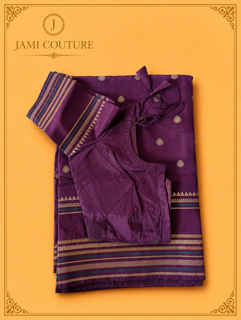 Royal Purple Warm Silk Saree with Zari Butti & Multicolor Striped Border | Matching Zari Blouse