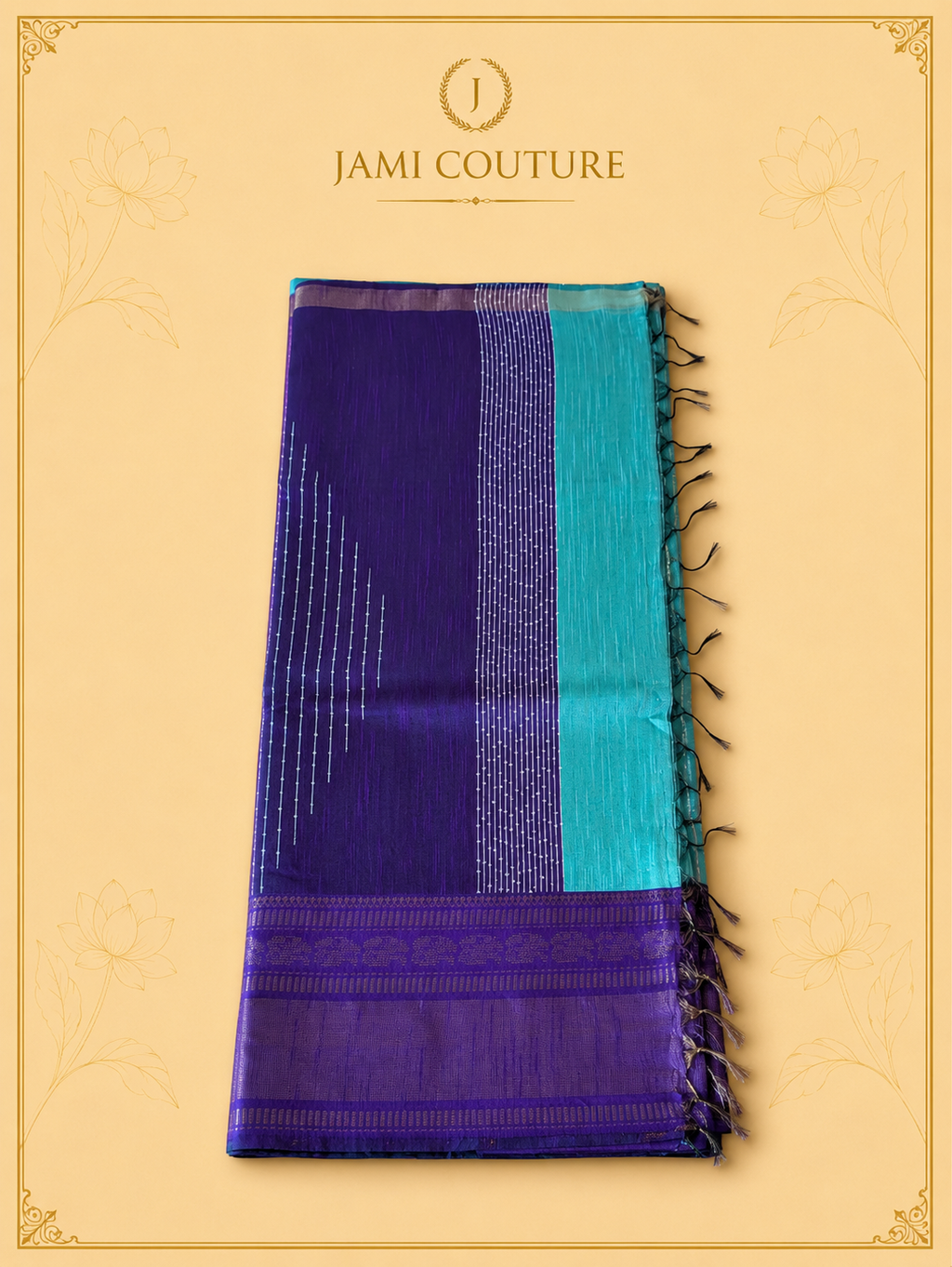 Turquoise & Royal Purple Color-Block Party Wear Silk Saree with Zari Border | Matching Purple Blouse