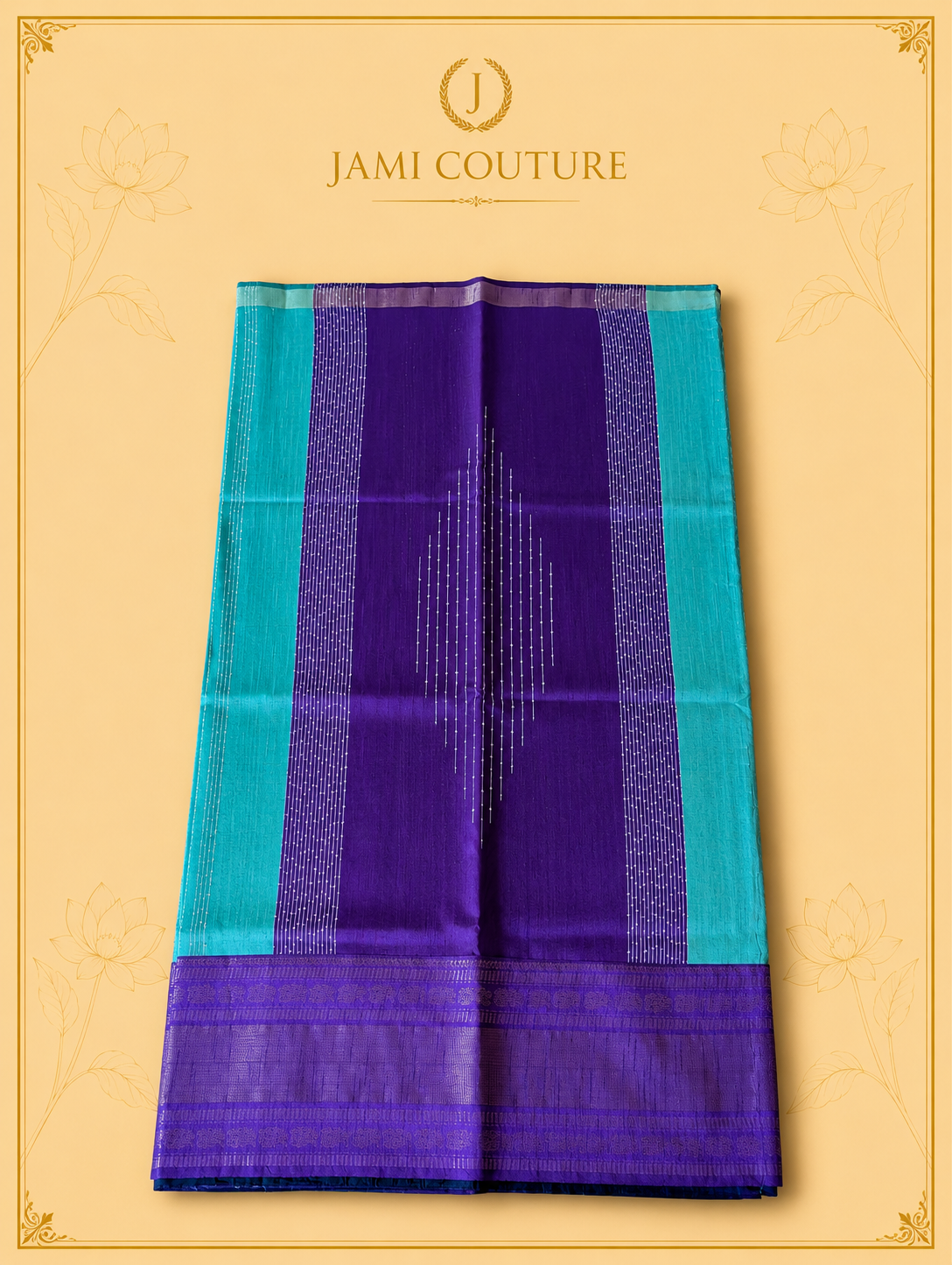 Turquoise & Royal Purple Color-Block Party Wear Silk Saree with Zari Border | Matching Purple Blouse