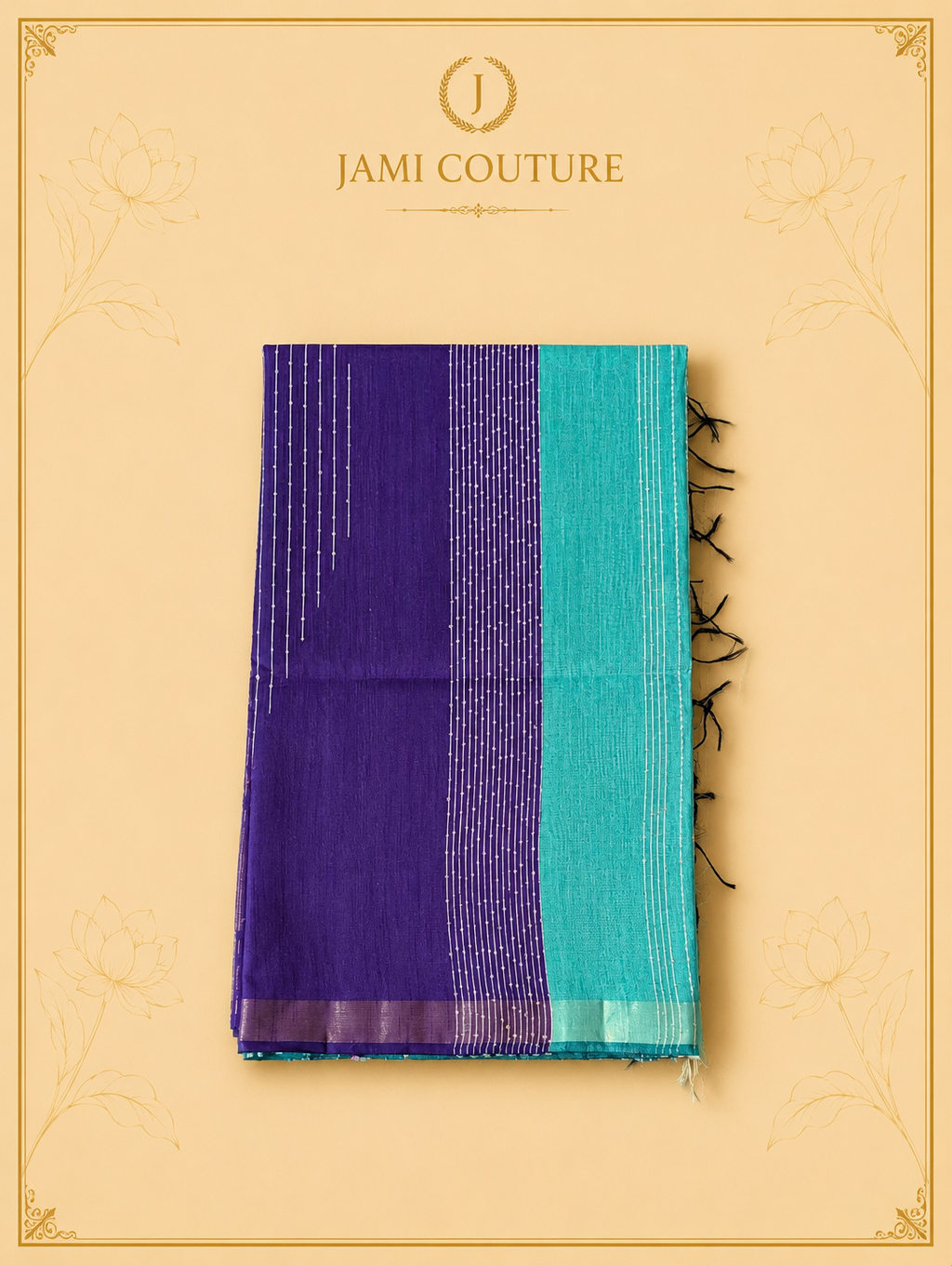 Turquoise & Royal Purple Color-Block Party Wear Silk Saree with Zari Border | Matching Purple Blouse