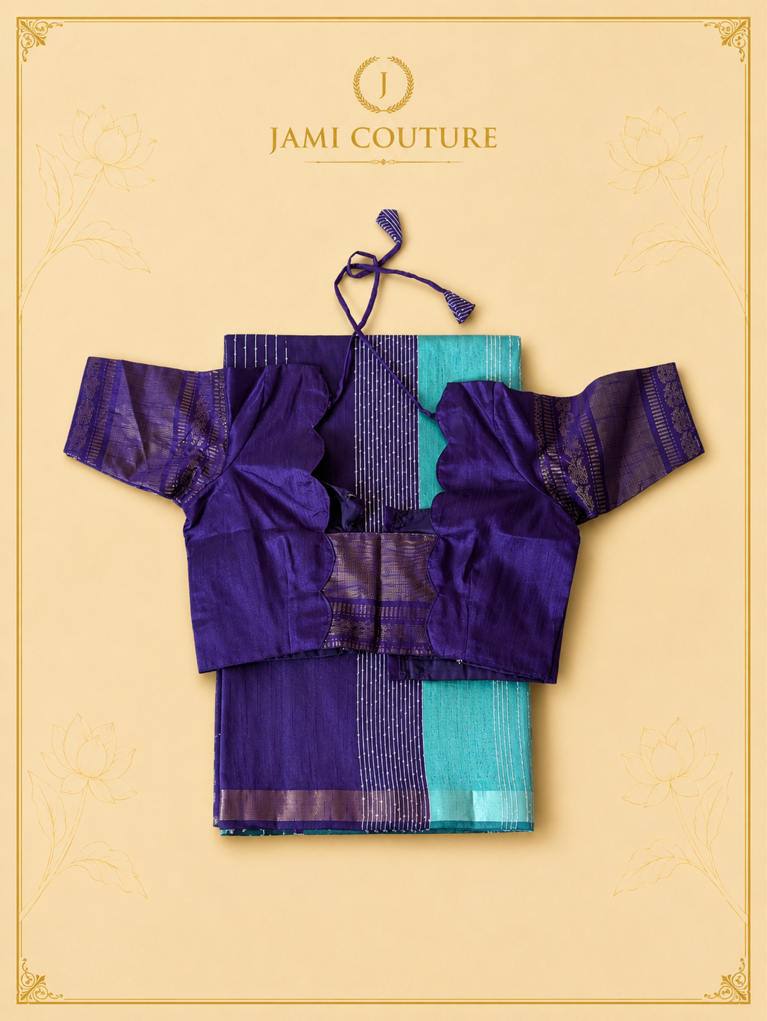 Turquoise & Royal Purple Color-Block Party Wear Silk Saree with Zari Border | Matching Purple Blouse