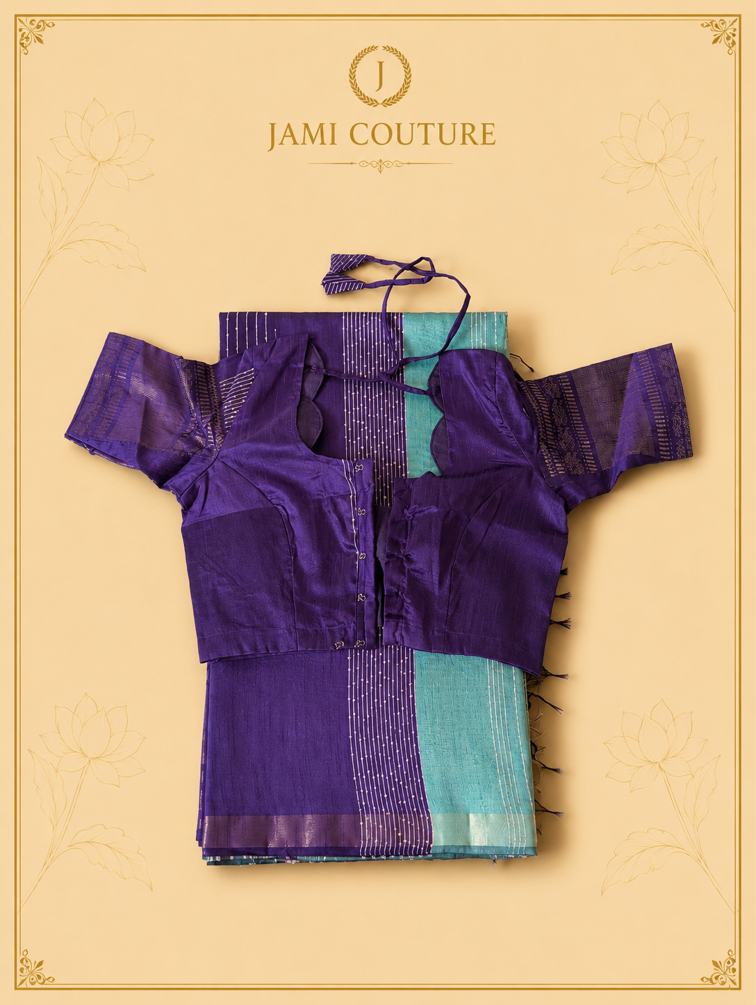 Turquoise & Royal Purple Color-Block Party Wear Silk Saree with Zari Border | Matching Purple Blouse