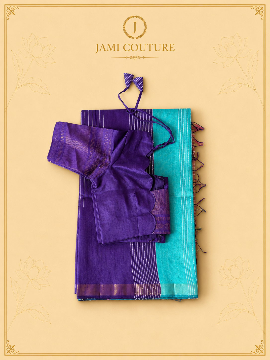 Turquoise & Royal Purple Color-Block Party Wear Silk Saree with Zari Border | Matching Purple Blouse