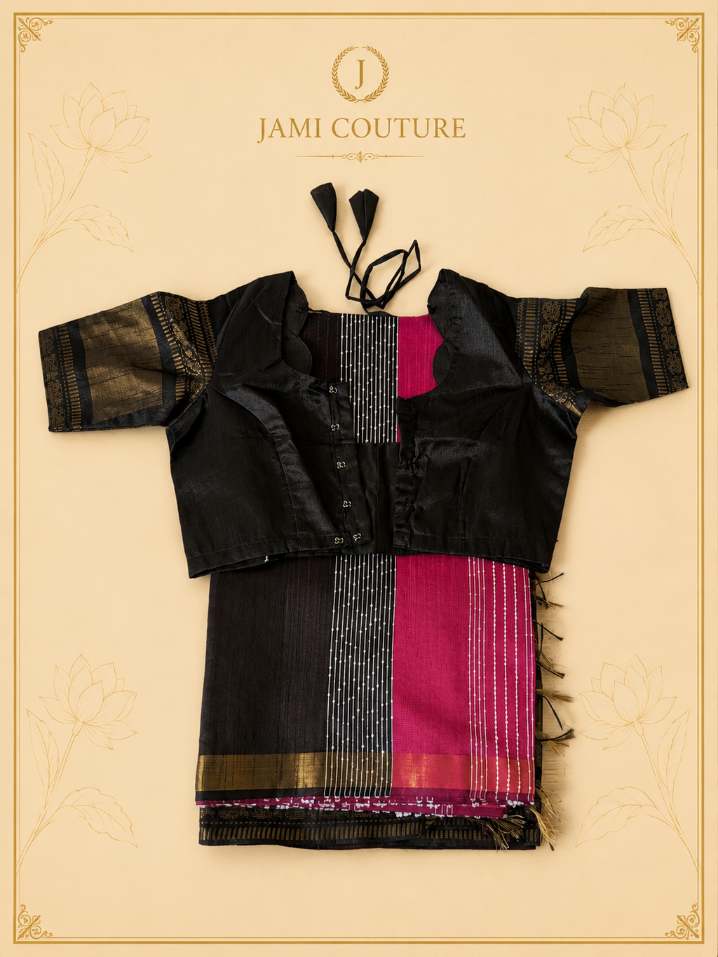 Black & Fuchsia Pink Color-Block Party Wear Silk Saree with Zari Border | Contrast Black Blouse