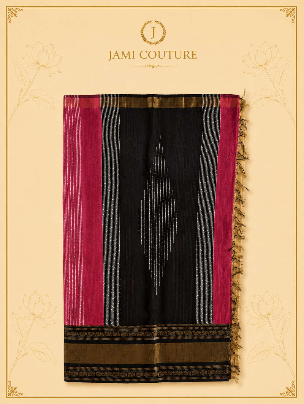Black & Fuchsia Pink Color-Block Party Wear Silk Saree with Zari Border | Contrast Black Blouse