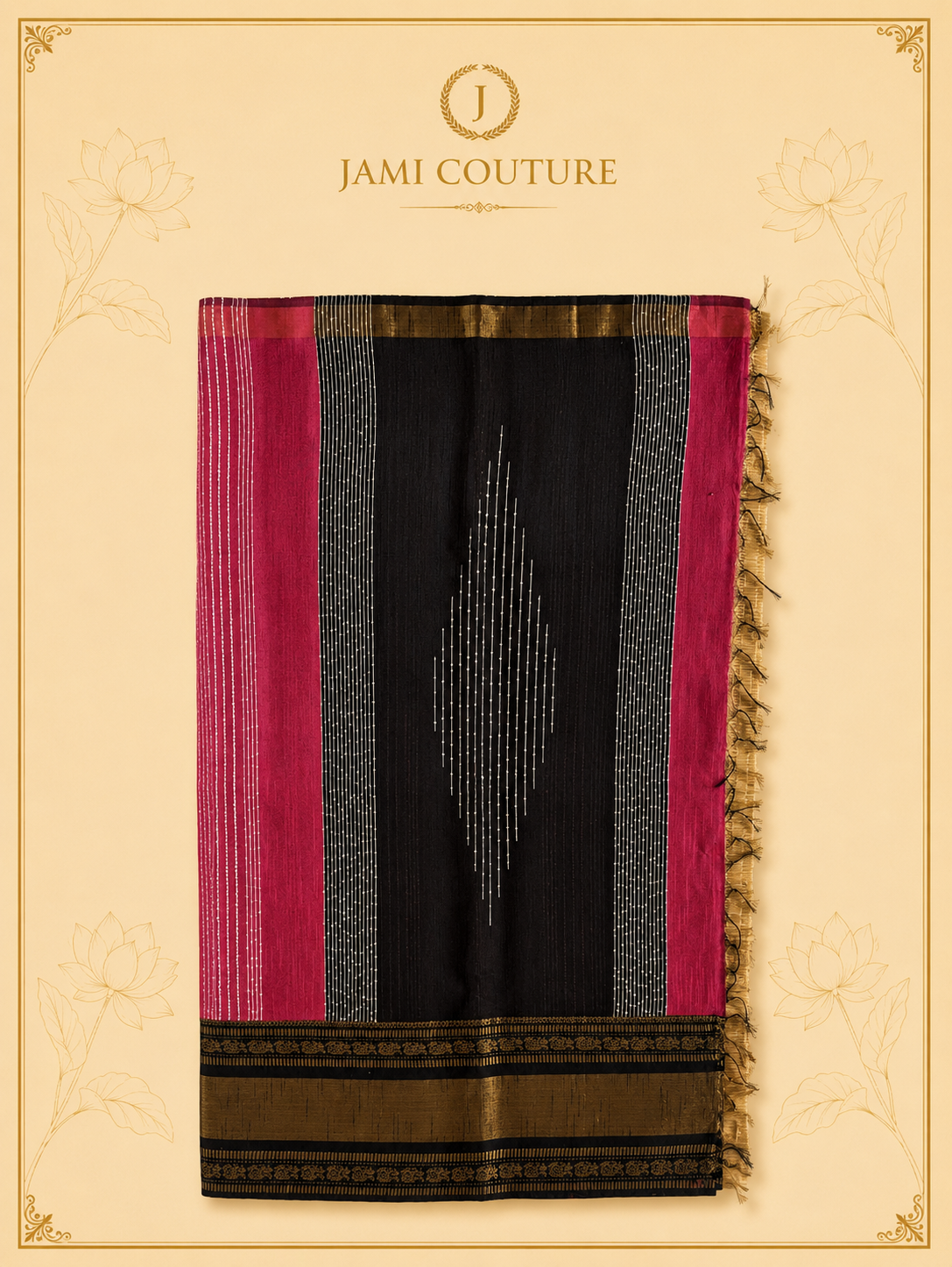 Black & Fuchsia Pink Color-Block Party Wear Silk Saree with Zari Border | Contrast Black Blouse
