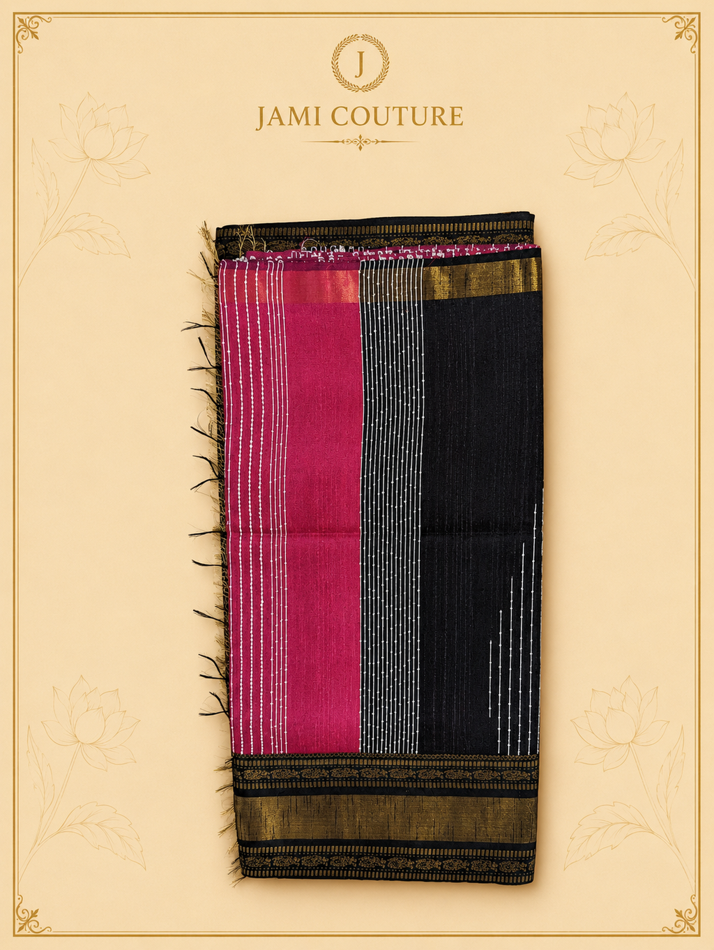Black & Fuchsia Pink Color-Block Party Wear Silk Saree with Zari Border | Contrast Black Blouse