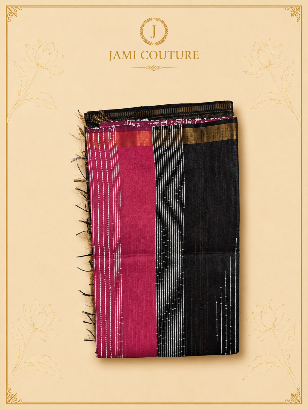 Black & Fuchsia Pink Color-Block Party Wear Silk Saree with Zari Border | Contrast Black Blouse