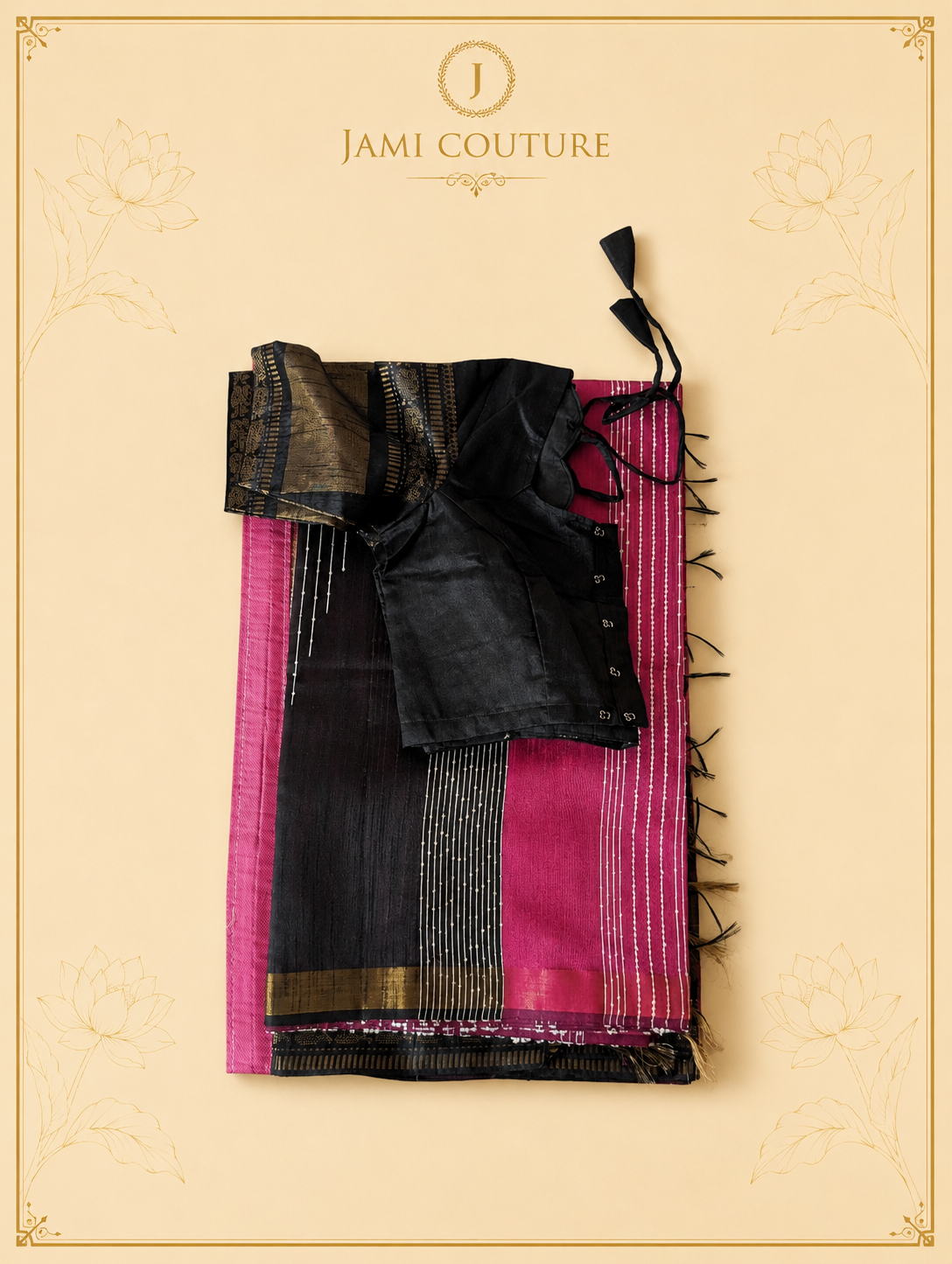 Black & Fuchsia Pink Color-Block Party Wear Silk Saree with Zari Border | Contrast Black Blouse