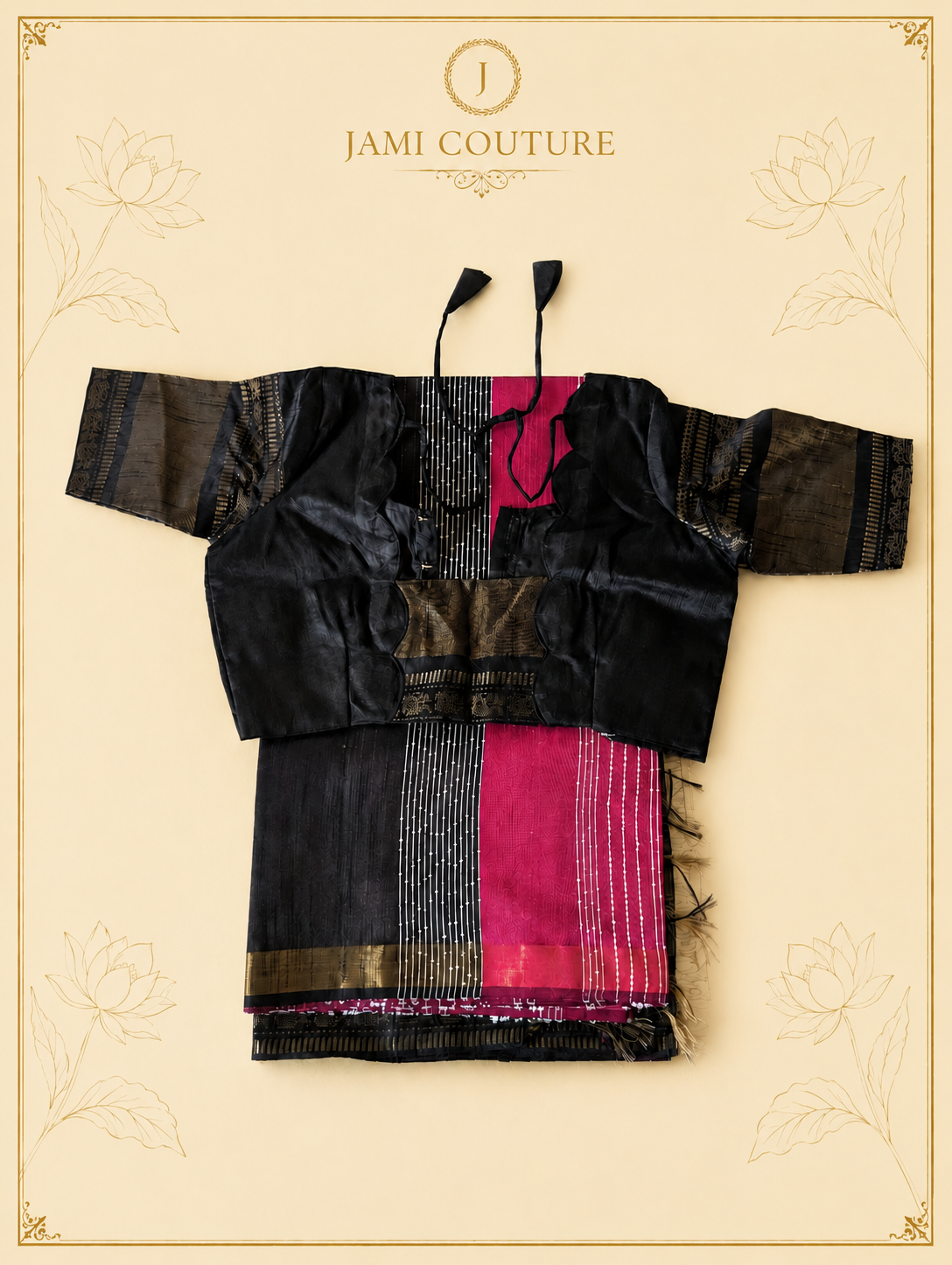Black & Fuchsia Pink Color-Block Party Wear Silk Saree with Zari Border | Contrast Black Blouse