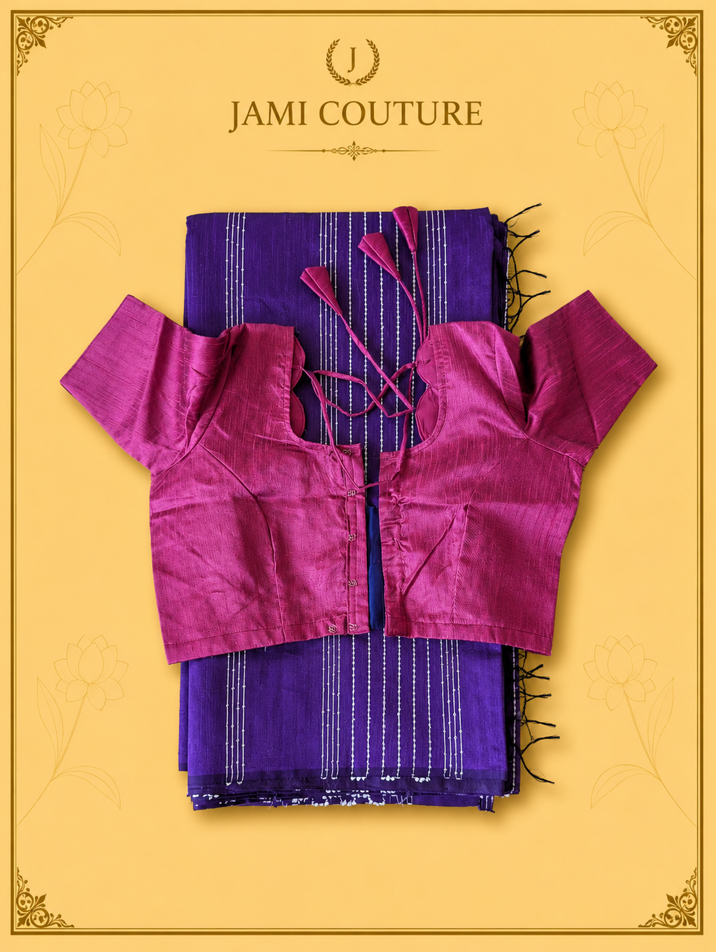 Royal Purple & Magenta Color-Block Party Wear Silk Saree with Fringe Tassels | Contrast Pink Blouse