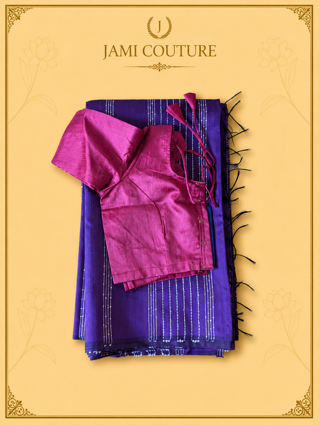 Royal Purple & Magenta Color-Block Party Wear Silk Saree with Fringe Tassels | Contrast Pink Blouse