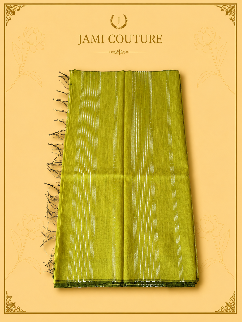Lime Green & Black Color-Block Party Wear Silk Saree with Fringe Tassels | Contrast Black Blouse