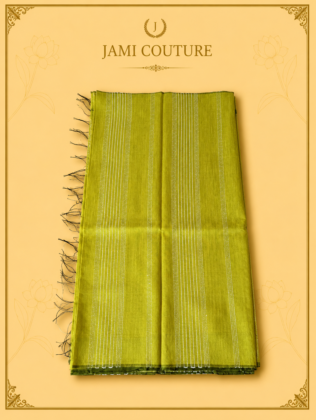 Lime Green & Black Color-Block Party Wear Silk Saree with Fringe Tassels | Contrast Black Blouse