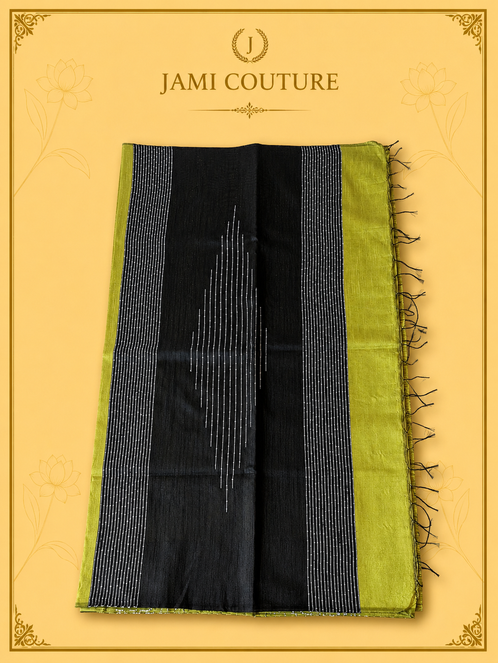 Lime Green & Black Color-Block Party Wear Silk Saree with Fringe Tassels | Contrast Black Blouse
