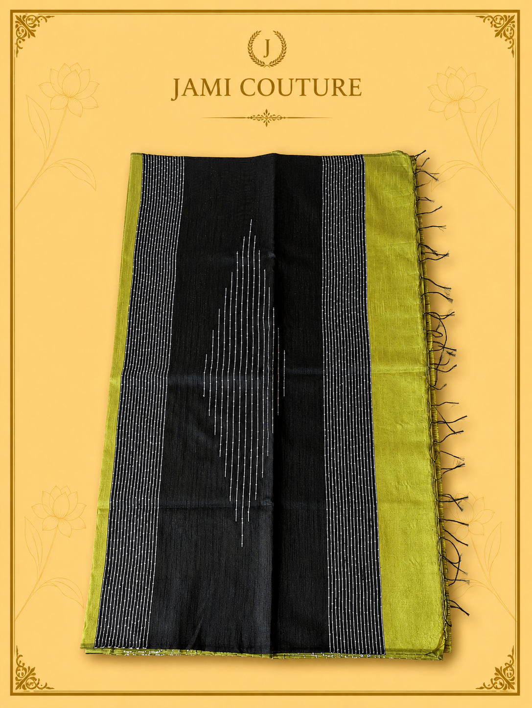 Lime Green & Black Color-Block Party Wear Silk Saree with Fringe Tassels | Contrast Black Blouse
