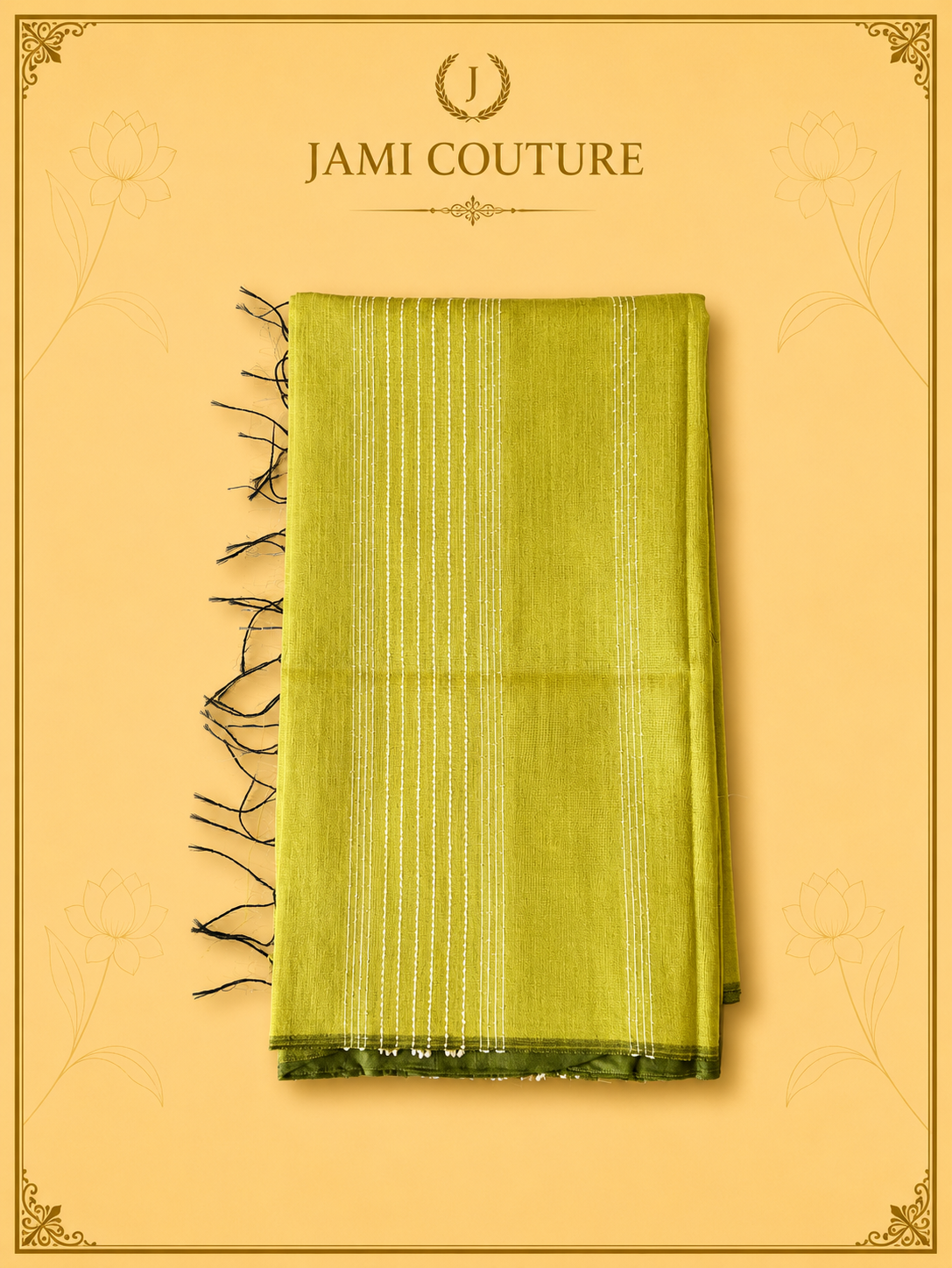 Lime Green & Black Color-Block Party Wear Silk Saree with Fringe Tassels | Contrast Black Blouse